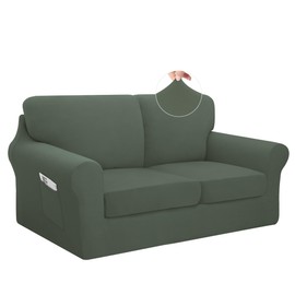 Easy-Going 5 Pieces Stretch Loveseat Cover Washable Loveseat Slipcover Set for 2 Backrest and Seat Cushion Couch Anti-Slip Sofa Couch Cover Furniture Protector (Medium, Grayish Green)
