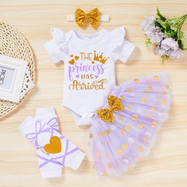 Newborn Baby Girl Skirt Set Infant Letter Print Romper+Tutu Skirt+Headband+Legging Warmers Clothes Outfits (Dot Purple,0-3M)