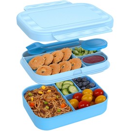 Caperci Bento Box for Kids - Stackable Leakproof Multiple Compartments 5.8 Cups Bento Lunch Box for Adults with Sauce Container - Idea for School, On-the-go, Built-in Utensil Set, BPA Free (Blue)