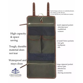 Oxviator Hanging Travel Organizer, Faux Leather, For Toiletries, Shaving, Vintage Styling