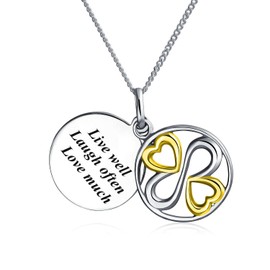 Ayllu Amulet Talisman Intertwine Symbol Live Well Laugh Often Love Much Inspirational Words Disc Pendant Necklace For Women Teens Two Tone .925 Sterling Silver