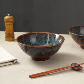 STE-CER Ceramic Japanese Ramen Bowl Set with Chopsticks,8 inch 40 oz Pho Bowls & Asian Soup Bowl and Spoons Set for Udon Noodle,Soba,Miso Soup,Set of 2(Peacock Green)