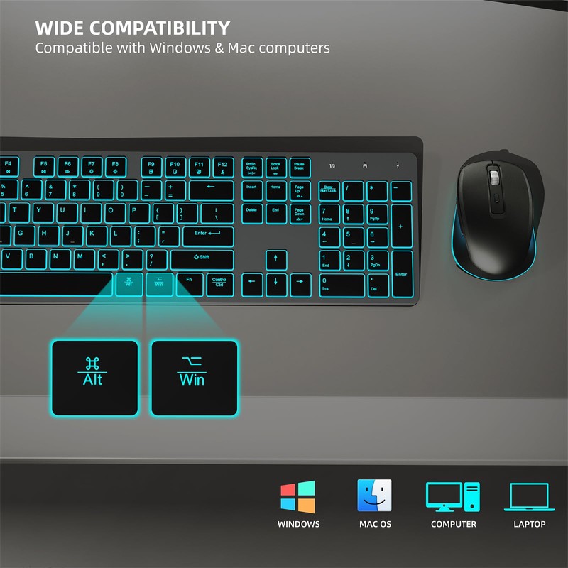 Wireless Keyboard and Mouse RGB Backlit Combo, Slim & Quiet,