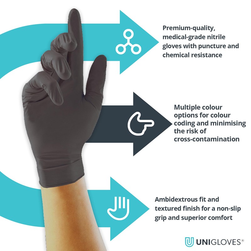 Unigloves Black Pearl Nitrile Examination Gloves - Multipurpose, Powder Free