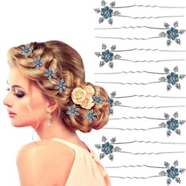 8 Pcs Christmas Hair Clips for Women and Girls Crystals Bobby Pins Blue Snowflake Rhinestone Bridal Hair Clips Winter Wedding U-Shape Hairpins for Christmas Party