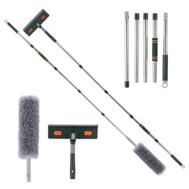 Window Squeegee Cleaner Tool with Extension Pole (81.5inch), 2-in-1 Squeegee for Window Cleaning Kit with Scrubber, Add Extra Pole Attachment Bendable Microfiber Feather Duster
