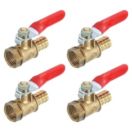 sourcing map 4Pcs Brass Water Mini Ball Valve Shut Off Switch, G1/4" Female x 3/8" Hose Barb, 180 Degree Operation Handle, Brass Valve