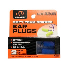 Walker's 32dB NRR Noise-Blocking ANSI S3.19 Hearing Protection Shooting Hunting Work Soft Comfortable 23" PVC Corded Foam Earplugs, 2 Pairs & Carrying Case