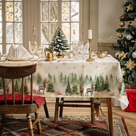 AIBIIN Christmas Tablecloth Winter Forest Golden Snow Deer Waterproof Tablecloth Holidays Tablecloth for Festival Dinner Party 56 x 102 Inch