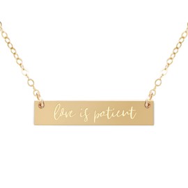 Zen & Zuri Love is Patient Gold Bar Christian Scripture Necklace, Bible Verse, Religious Pendant