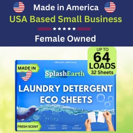 Splash Earth Laundry Detergent Sheets Made in USA (64 Loads, Fresh Scent), Eco-Friendly Washer Sheets Detergent, Plastic-Free Travel Laundry Soap, 32 Strips