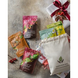 Gardenika Loose Leaf Tea Set, Herbal Caffeine-Free Set - Rooibos, Spearmint, Chamomile, Hibiscus, Tulsi, Turmeric, Ginger Teas – 5 Pack Assortment (10 oz)