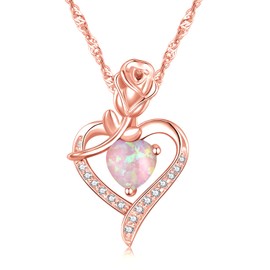 CiNily Heart Opal Pendant Necklace for Women Silver Plated Rose Necklaces with Birthstone Zirconia Necklaces for Wife Mom Jewelry