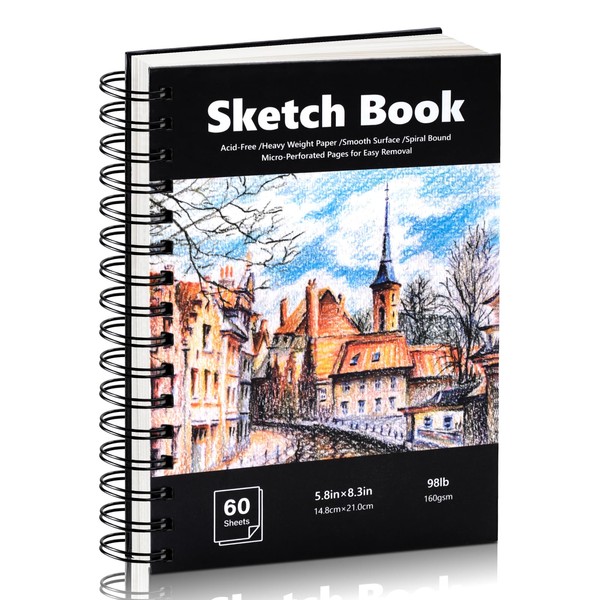 WSICSE A5 Hardcover Sketchbook, 60 Sheets Spiral Sketch Book, 160gsm