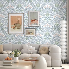 Floral Wallpaper Peel and Stick Wallpaper 17.3"x197" Boho Contact Paper Removable Self Adhesive Wall Paper for Bathroom Bedroom Blue and White Wildflower Wallpapers for Walls Home Decorate Vinyl