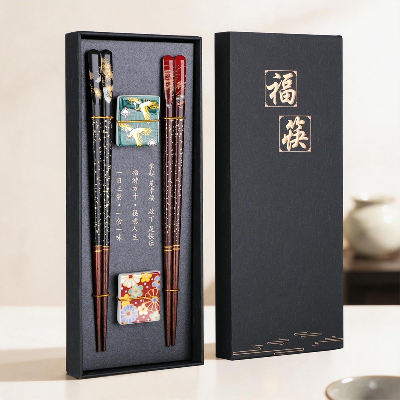 Antner 2 Pairs Reusable Wooden Chopsticks with 2PCS Ceramic Rests