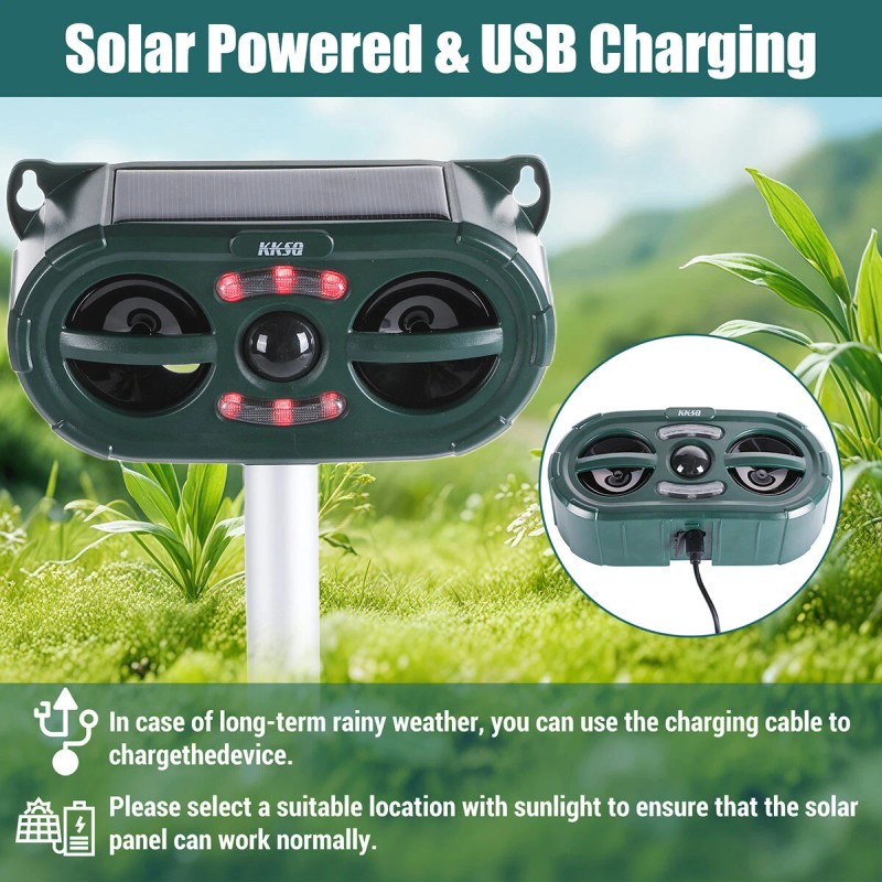 Repelente de animales ultrasónico solar para gatos, ardillas, ciervos, mapaches