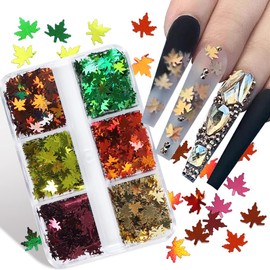 6 Grids Fall Nail Art Stickers Decal Maple Leaves Nail Sequins 3D Nail Glitters Holographic Retro Autumn Maple Leaf Laser Thin Nail Design for Thanksgiving Day Nail Decoration DIY Manicure Accessories