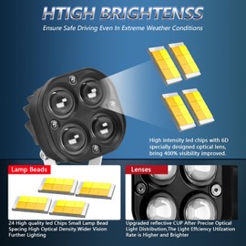 MONDEVIEW Motorcycle Auxiliary Lights LED Driving Fog 5 Modes White Amber Spot Lights High Low Beam Offroad Driving Compatible with Tractor Truck ATV UTV SUV Boat