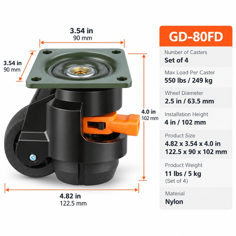 Heavy Duty Leveling Casters for Equipment – 360° Swivel Height-Adjustable