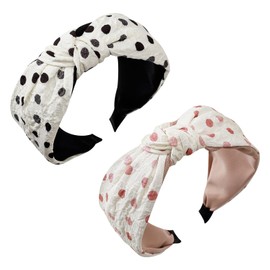 Yonchic 2-Piece Polka Dot Top Knot Headbands for Women & Girls, Cute Wide Headband for Women’s Hair, Non Slip Fashion Hair Bands Hairband (Black & Pink)