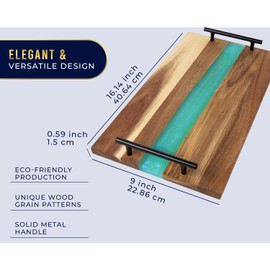 Visually Stunning Celeste Blue Resin + Acacia Wood Serving Board with Handles - 16x9 Serving Tray for Food, Breakfast in Bed, Coffee Table, Decor, Skincare Organization, Snacks, Patio, BBQ, Lap Tray