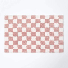 HOMESCAPES Super Absorbent Soft 100% Cotton ‘Brighton’ Blush Pink and White Bathmat with Checkerboard Geometric Pattern and Non Slip Latex Backing, 50 x 80 cm Large Shower Mat Machine Washable