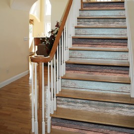 funlife 14 PCS Self Adhesive Stair Stickers, Peel and Stick Vinyl Stair Risers Staircase Murals Decals Sticker Decor for Steps, 39.37"x7.09", Faux Weathered Retro Wood