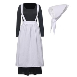 BPURB Women's Pioneer Colonial Dress Pilgrim Costume Civil War Dress Victorian Maid Peasant Costume with Apron, black-white