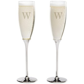 Personalization Universe Initial Engraved Silver Flute Set – Set of 2 – Custom Etched Monogram – Polished Silver-Plated Stems – Gift-Boxed – Elegant Toasting Glasses