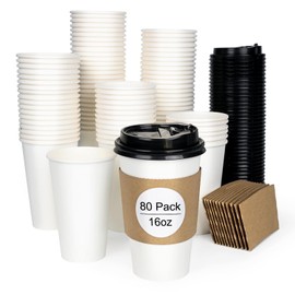 ESSENTIAL 80pcs 16oz Disposable Paper Coffee Cups with Lids, Sleeves and Labels, White Leak-Proof Coffee Cups for Hot or Cold Beverage, Suitable for Shops, Coffee Bar, Home and Office