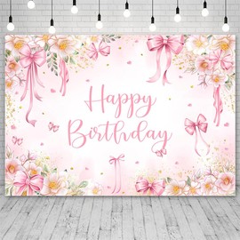 AIBIIN Girl Birthday Backdrop Pink Bow Happy Birthday Party Decoration Floral Bow Girl Birthday Photograph Background Banner Photo Props 7x5ft