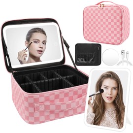 Makeup Bag with Lighted Mirror, Travel Make up Train Case with Adjustable Brightness Vanity Mirror and Detachable 10x Magnifying Mirror, PU Lether Cosmetics Organizer for Women (Pink Plaid)