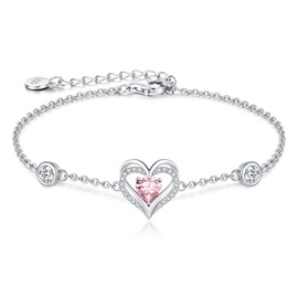 CDE Love Heart Bracelets for Women, 925 Sterling Silver with Birthstone Zirconia, Valentine's Mother's Day Christmas Birthday Anniversary Charm Link Chain Bracelet Jewelry Gifts for Mom Wife Girlfriend Her