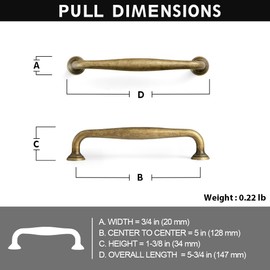 Yanxia Antique Brass Cabinet Pulls, Vintage Zinc Alloy Drawer Handles for Kitchen and Dressers, Farmhouse Heavy Duty Cupboard Hardware (5 in, Set of 6)