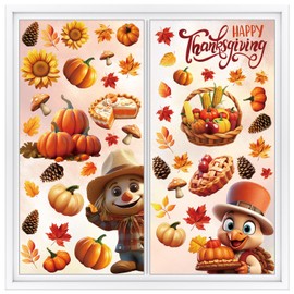JOFONY Thanksgiving Window Stickers,3D Cute Turkey Autumn Maple Leaves Window Clings Reusable Party Decoration Window Decals for Thanksgiving Day