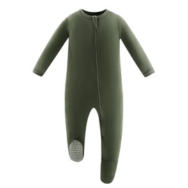 Owlivia Rayon Made from Bamboo Footie Pajamas, Baby Boy Girl Sleep 'N Play, Zip Front Footed Sleeper Pjs(Newborn, Olive)