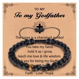 To Men Boys Natural Stone Cross Bracelet Gifts for Son Grandson Dad Husband Brother Boyfriend Uncle Nephew Godfather- Birthday Graduation Retirement Christmas Christian Gift for Him(Godfather)