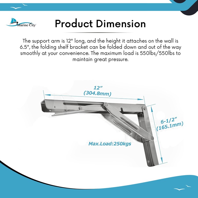 MARINE CITY Folding Shelf Bracket, 304-Grade Stainless Steel, Corrosion-Resistant, Rust-Proof,