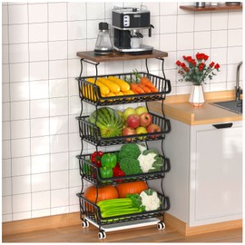 Gsiekare Fruit Vegetable Basket for Kitchen, 5 Tier Stackable Fruit Vegetable Storage Baskets with Wheels, Metal Wire Storage Basket Organizer Cart for Kitchen, Pantry, Bathroom