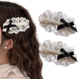 2Pcs Small Pearl Hair Clips with Beige Lace Sweet Hair Barrette French Hairpiece Elegant Headwear Accessories Cute Hair Pins BB Hairgrip for Party Wedding Daily