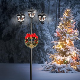 72" Christmas Solar Lamp Post Lights, Triple-Head Vintage Outdoor Post Light for Garden, Lawn, with Red Bird Stickers (Santa)