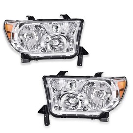PIT66 Headlights Assembly Pair Fit for 2007-2013 Tundra (W/O Headlight Leveling Models) Fit 2008-2017 Sequoia (12-14 Sequoia WITHOUT Headlight Washer Only) Clear Lens Chrome Housing Amber Reflector