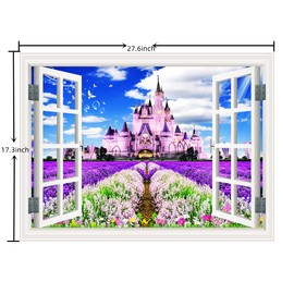 THNWSY 3D Self-Adhesive Painting Fake Window Wall Stickers Tropical Island with Palm Trees Wall Mural Window View Wall Decor for Home (17.3"×27.6", Castle)