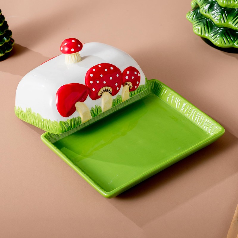 Ceramic Mushroom Butter Dish - Whimsical Red and White Polka
