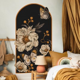 Boho Arch Wall Decals Vintage Floral Wall Sticker Peel and Stick 60"x 34.6" Large Brown Flower Mural for Door Decor Removable Warm Peony Butterfly Wall Decal for Bedroom Living Room Office