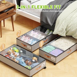 Under Bed Storage with Wheels, 2 Pack Under Bed Storage Container with Dividers & Clear Lids, Under the bed storage Organizer Bins,Underbed Storage with Wheels for Clothes,Toys,Shoes (GREY, 2 Pack)