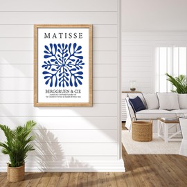 Framed Matisse Wall Art, Large Minimalist Blue Abstract Flower Pictures Artwork Painting, Wooden Vintage Boho Wall Decor for Living Room Bedroom Bathroom 11x16 Inch
