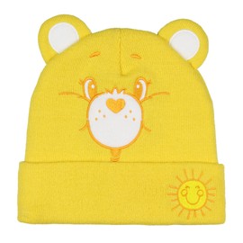 Care Bears Embroidered Face and Belly Badges with 3D Ears Cuff Knit Adult Beanie- 4 Styles Available Grumpy, Share, Cheer, Funshine (Funshine Bear)
