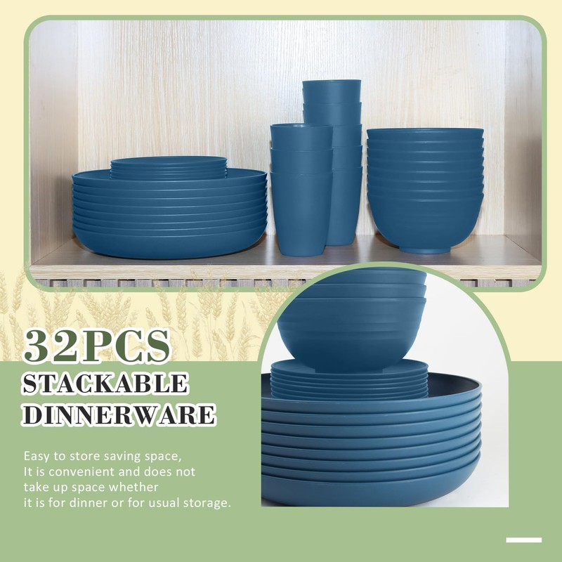 Wrova Wheat Straw Dinnerware Set of 32,Unbreakable Dinner Plates and
